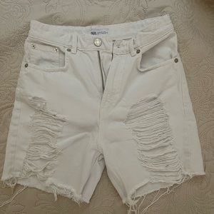 Zara white distressed long denim shorts